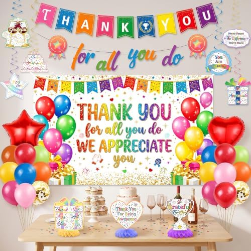 We Appreciate You Banner Decorations Set,Wihte Thank You for All You Do Backdrop with Honeycomb Centerpieces and Hanging Swirls, Office Employee Staff Teacher Appreciation Party Supplies Kit - Image 6