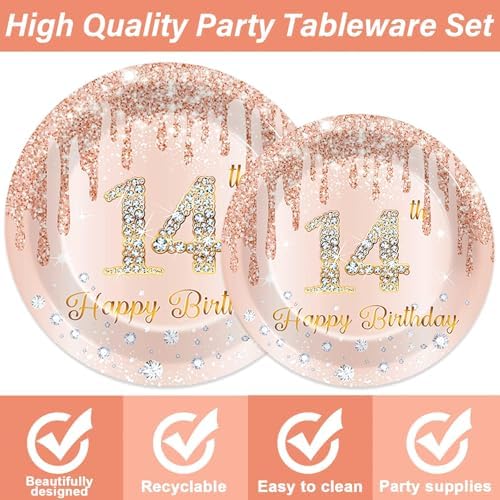 96 Pcs Rose Gold 14th Birthday Party Plates and Napkins for Girls Rose Gold Party Supplies Pink Happy 14 Years Birthday Party Tableware Set for 24 Guests Party Decorations - Image 3