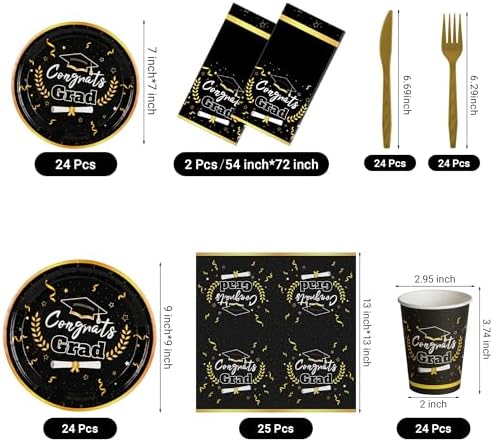 Graduation Party Decor - 147 PCS Disposable Tableware, Black & Gold Congrats Grad Decor, Tablecloth, Knives, Forks, Plates, Napkins, Cups - Serves 24 - Image 5