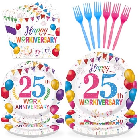 96Pcs Happy 25th Workiversary Party Decorations for Men Women Colorful Happy Work Anniversary Plates and Napkins Sets 25th Anniversary Decorations for Employee Worker Office Party Supplies Serves 24 by Greencian