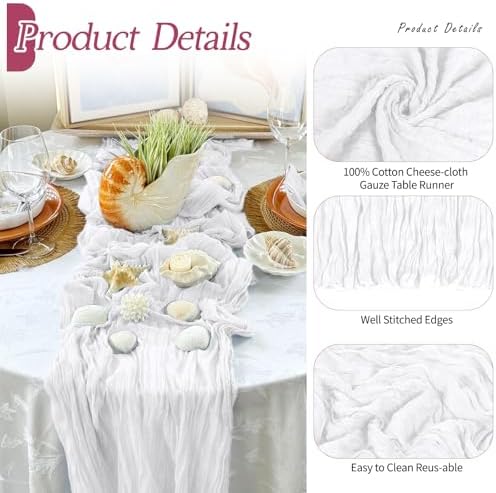 3 Pack White Cheesecloth Table Runner 17x108 Inch Semi Sheer Boho Gauze Cheese Cloth Fabric Table Runners Table Decor for Wedding Party Baby Shower Birthday Home Decor Garden Farmhouse - Image 5