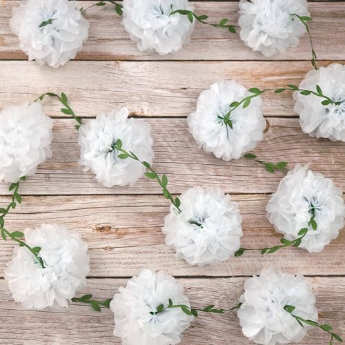 White Tissue Paper Pom Pom Garlands, Paper Flowers for Birthday Decorations, Baby Shower, Wedding Engagement, Bridal Shower, Spring Summer Party Decorations, 2 Pcs - Image 4