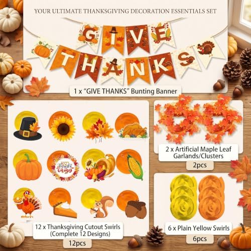 Thanksgiving and Friendsgiving Party Decorations Set, Autumn Fall Harvest Decor Supplies with Festive Banners, Hanging Swirls and Seasonal Ornaments for Home Celebration - Image 2