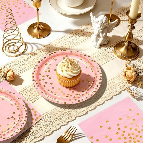 150 PCS Pink and Gold Paper Plates and Napkins Party Supplies,Serves 50 Guests Pink Gold Plates and Napkins,Disposable Paper Tableware Set for Birthday Wedding Bridal Shower Baby Shower Decorations - Image 4
