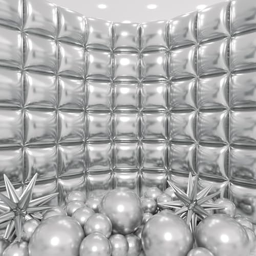 50pcs Metallic Silver Square Foil Balloons Wall Backdrop with 79pcs Metallic Silver Balloon Garland Arch Kit, Double Sided Balloon Tunnel for Anniversary Engagement Birthday Prom Decorations by Unknown