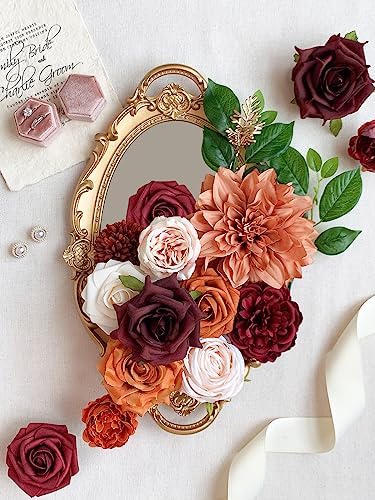 FACINOC Roses Artificial Flowers Orange Bouquet Fake Flower Dahlia Box Set - Image 2
