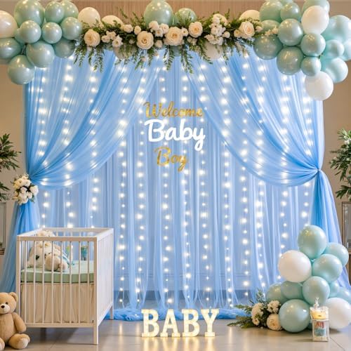 Baby Blue Sheer Tulle Backdrop Curtains with Lights String for Parties Baby Shower Decorations for Boy Bridal Shower Birthday Party Photo Shoot Background Wall Decorations 10×8ft(2 Panels 5×8ft) - Image 5