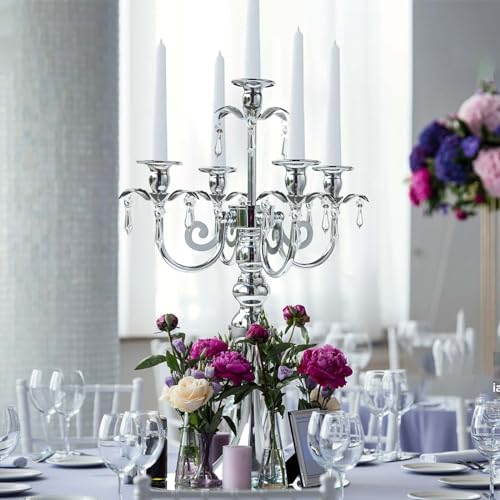 2 Pcs 20.3'' Tall 5 Arm Silver Candelabra Centerpiece for Table, Metal Crdystal Candle Holder, Retro Candlestick Table Centerpieces for Party, Events, Home, Wedding Decor (2, Silver) - Image 4