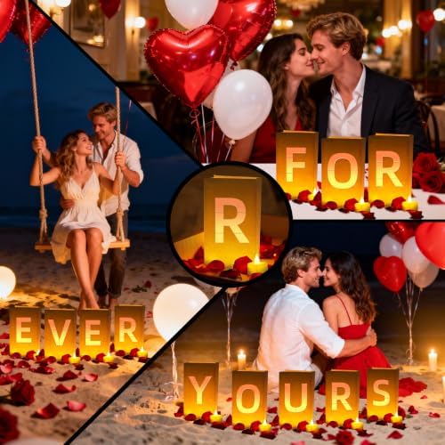 FOREVER YOURS Light Up Letters, with Tea Lights Candles, Rose Petals, Pearlescent Foil Balloons - Luminary Paper Bags, Anniversary Decorations and Valentines' Day Decorations for Your Loved One - Image 7