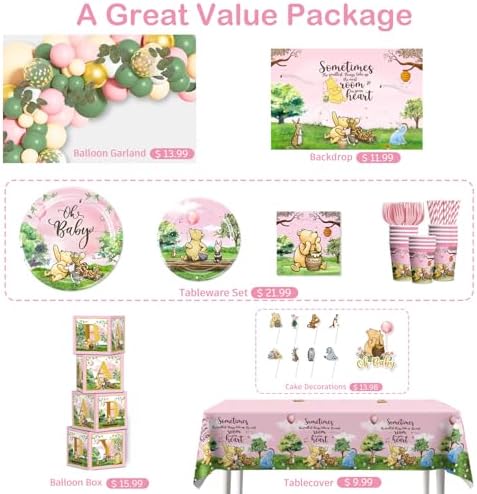 Cocomigo 266 Pcs Pink Classic Bear Baby Shower Decorations, Serves 20 - Image 3