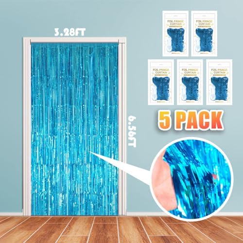 5 Pack 3.28ft x 6.56ft Light Blue Metallic Tinsel Foil Fringe Curtains, Photo Booth Backdrop Party Decorations for Birthday Wedding Baby Shower Graduation Bachelorette New Years - Image 2