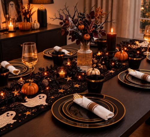 WELLIFE 350PCS Black and Gold Plastic Plates - Plastic Dinnerware Set for 50 Guests,Include 50 Dinner Plates, 50 Dessert Plates, 50 Black Cups 9 OZ, 50 Pre Rolled Napkins with Gold Silverware - Image 4