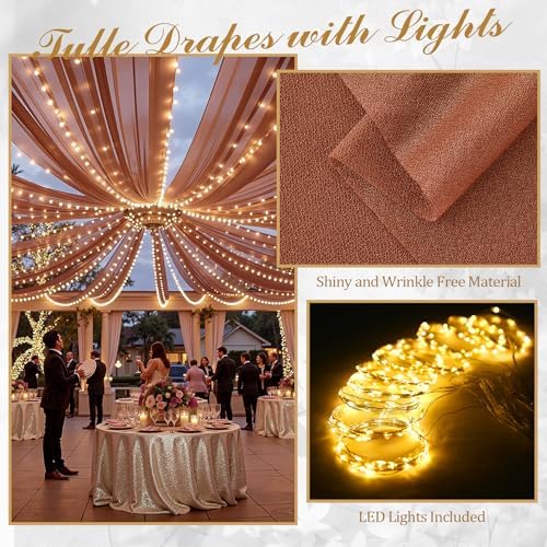 6 Panels Terracotta Ceiling Curtains with Lights for Weddings - 5ftx10ft Wrinkle-Free Tulle Fabric Wedding Arch Draping Ceiling Drapes Decorations for Wedding Party Ceremony Stage Tent Event - Image 3