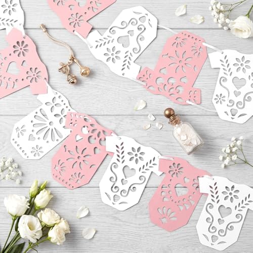 AmazingSpark White and Pink 4 Set Cielito Lindo Baby Shower Garland 48 Pcs Papel Picado Party Decoration Mexican Lace Baby Bodysuit Banner Card with Hanging String for Gender Neutral Party Supplies - Image 4