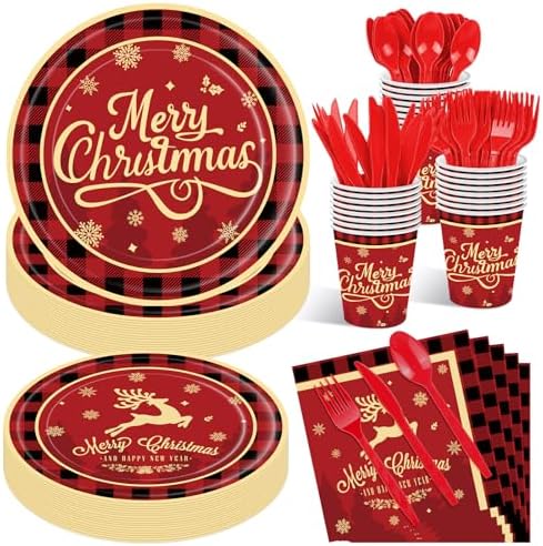 175 Pcs Merry Christmas Party Supplies Set - Serves 25, Festive Red and Black Plaid Disposable Tableware, Includes Paper Plates, Cups, Napkins, Forks, Spoons, Knives for Xmas Holiday Celebrations by Jremreo