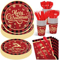 175 Pcs Merry Christmas Party Supplies Set - Serves 25, Festive Red and Black Plaid Disposable Tableware, Includes Paper Plates, Cups, Napkins, Forks, Spoons, Knives for Xmas Holiday Celebrations by Jremreo