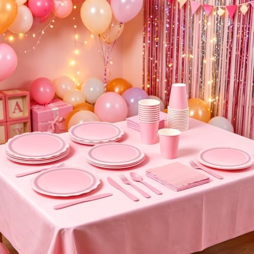 287PCS Pink Party Decorations Set, Complete 25 Guests Disposable Tableware Kit with Plates Cups Napkins Cutlery, Tablecloths, Foil Curtains, Balloon Boxes & Mixed Size Balloon Arch Kit - Image 3