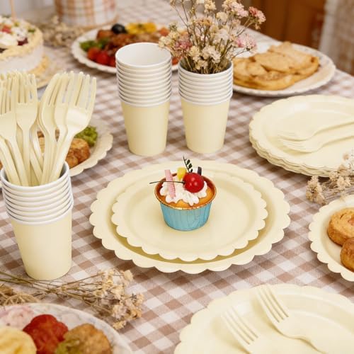 200Pcs Ivory Paper Plates and Napkins, 9’’and 7’’ Disposable Scalloped Cream Party Plates Cups Napkins Forks Set Party Supplies for Baby Shower Bridal Shower Birthday Party Decorations, Serves 40 - Image 3