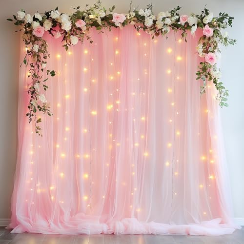Tulle Backdrop Curtain with Lights 10x8FT Pink Sheer Tulle Curtains by Xiomot