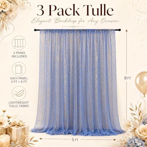 Bupelo Blue Tulle Backdrop Curtains with Gold Foil 15x8ft Sheer Curtain - Image 2
