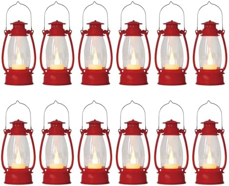 12Pcs Red Mini Lanterns for Centerpiece – Vintage Lantern Decor for Christmas, Halloween, Weddings & Western Party – Hanging Ornaments Bulk with Flicker LED Candle for Cowgirl, Camping Decor by ReperlaSpecialMiniSmallLanternDecoration