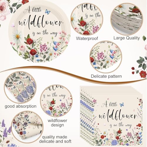452 Pcs Wildflower Baby Shower Party Supplies for 50 Guest, Vintage a Little Wildflower Is on the Way Paper Plates Napkins Cups Tablecloth Cutlery Straws for Spring Summer Baby Shower Party Decoration - Image 3