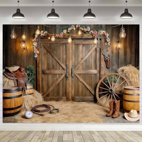 Western Cowboy Backdrop Western Party Decorations Wild West Vintage Wooden Rustic Wooden House Barn Photography Background for Kids Boy Children Boy Baby Birthday Banner Photo Booth 5X3 FT by Viajar