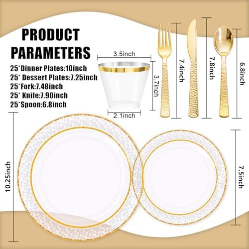 Ciaell 150PCS Clear Gold Plastic Plates - Disposable Gold Rim Plates include 25Dinner Plate, 25Dessert Plate, 25Forks, 25Knives, 25Spoons, 25Cups for Wedding & Party - Image 2