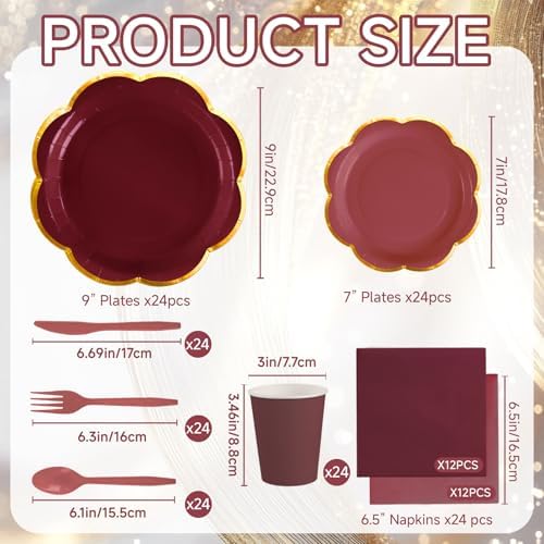 168Pcs Burgundy Paper Plates and Napkins Party Supplies for 24 Guests - Image 3