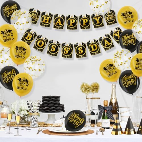 Konsait Happy Boss Decorations - Black & Gold Banner, Balloons & Office Decor Supplies for National Boss Day - Image 4