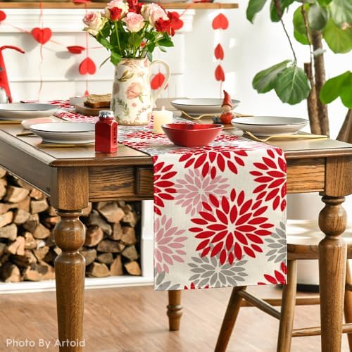 Artoid Mode Red Pink Dahlia Floral Pinnata Christmas Table Runner, Valentine Summer Kitchen Dining Table Decoration for Home Party Decor 13x90 Inch - Image 3