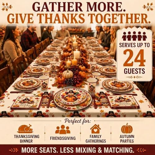 Thanksgiving Party Supplies for 24 Guests, Turkey Disposable Dinnerware Set with Dinner Plates, Dessert Plates, Cups, Napkins, Forks & Tablecloth, Give Thanks Fall Decorations for Thanksgiving Dinner - Image 6