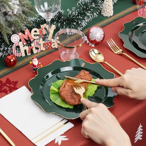 WDF 175Pcs Green Plastic Plates - Green Plates Disposable with Gold Rim - Christmas Plastic Plate - Fancy Disposable Dinnerware Sets 25 Guests Ideal for Holidays/Christmas/Party/Wedding/Birthday - Image 5