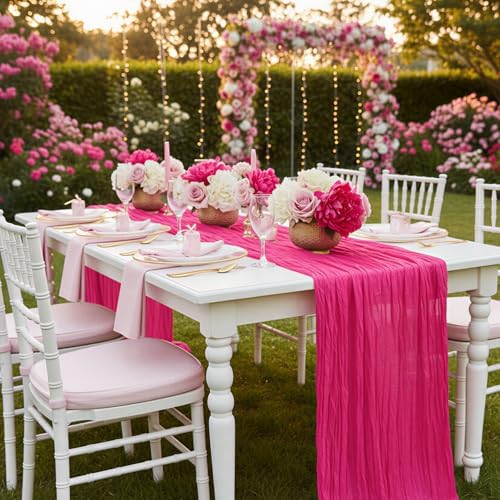 1 Pack Hot Pink Cheesecloth Table Runner 120 Inch Boho Wedding Decor - Image 7