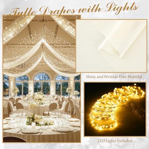 12 Panels Beige Ceiling Curtains with Lights for Weddings - 5ftx10ft Wrinkle-Free Tulle Fabric Wedding Arch Draping Ceiling Drapes Decorations for Wedding Party Ceremony Stage Tent Event - Image 3
