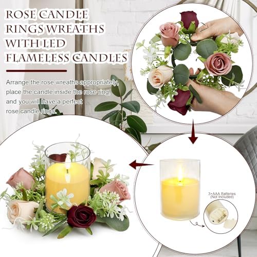 2 Sets Rose Candle Rings Wreaths with LED Flameless Candles - Image 3