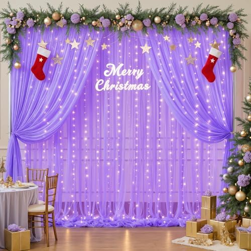Purple Sheer Backdrop Curtains with Lights String for Baby Shower Girls 2 Panels 5×8ft Tulle Backdrop Curtain for Wedding Bridal Shower Elephant Birthday Party Photo Shoot Background Decorations - Image 5