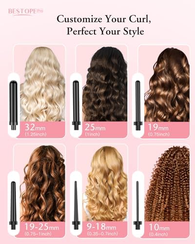 Long Barrel Curling Iron Wand Set, BESTOPE PRO 6 in 1 Curling Wand Set with Ceramic Barrel for Long/Medium Hair, 0.35"-1.25" Interchangeable Hair Wand Curler, Dual Volts, Include Glove & Clips - Black - Image 2