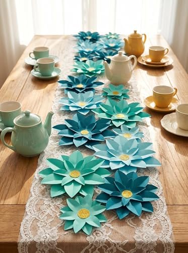 Turquoise Paper Flower for Wall Wedding Party Birthday Celebration Backdrop Decoration Pack of 9 - Image 4