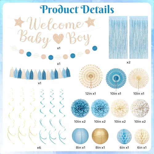 Dusty Blue Baby Shower Decorations with Banner Fringe Curtains - Image 2