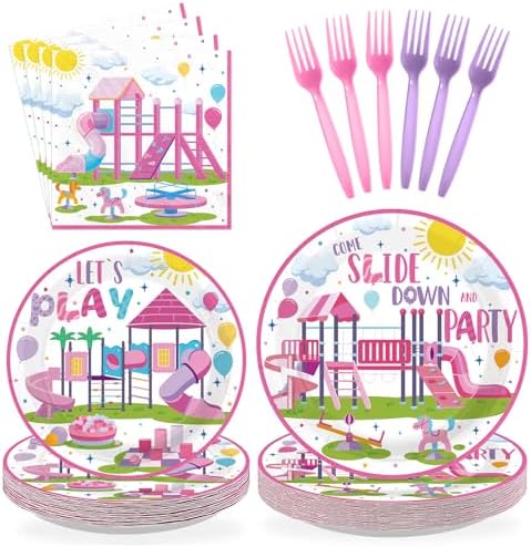 96Pcs Pink Purple Playground Birthday Party Supplies, Serves 24 by Greencian