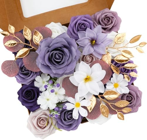 Floweroyal Artificial Flowers Combo Purple Flowers Mix Silk Flowers Fake Roses with Stems for DIY Wedding Bridal Bouquets, Baby Shower, Floral Arrangement, Table Centerpieces, Home Decorations by FloweroyalCrafts