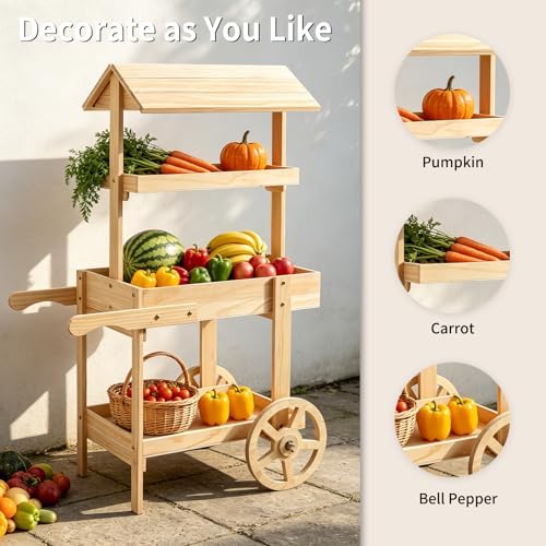 Flower Cart Display Stand with Wheels, 3-Tier Wooden Candy Cart for Party, Dessert Cart with Canopy Roof for Weddings, Bridal Shower, Baby Shower, Market & Event Decor (wood) - Image 4