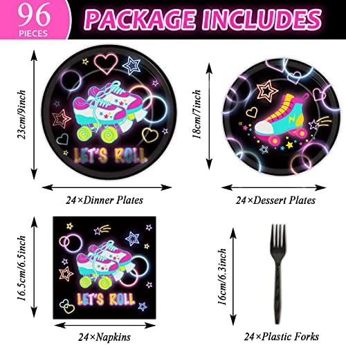 96pcs Roller Skating Party Supplies Tableware Set Retro Roller Skate Party Paper Plates Napkins Set Favors for Boys Girls Teens Birthday Dinnerware Decorations, Serve 24 - Image 2