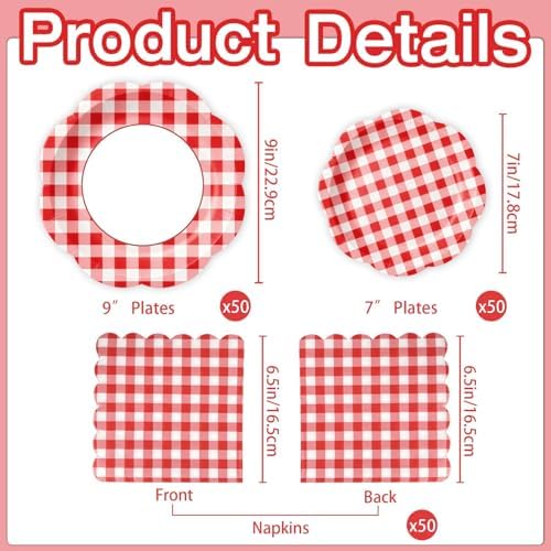 150Pcs Red Gingham Paper Plates and Napkins Party Supplies for 50 Guests - Image 3