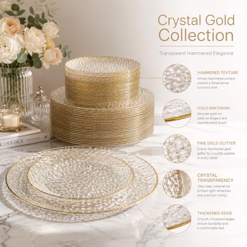 Rubtlamp 60Pcs Clear Gold Plastic Plates, Gold Glitter Disposable Plates, Hammered Plastic Plates Included 30 Dinner Plate And 30 Dessert Plates for Party - Image 4