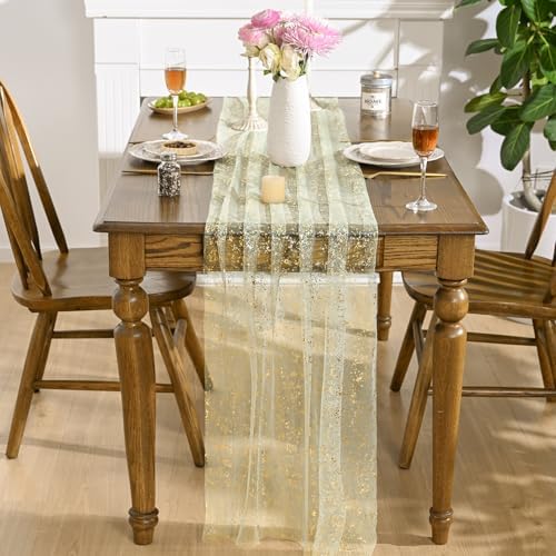 Artoid Mode Sage Green Gold Gauze Table Runner 120 Inch 10FT, Glitter Metallic Foil Sheer Dining Wedding Anniversary Holiday Birthday Table Decor for Home Party - Image 2
