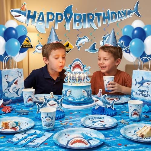 182 Pcs Shark Birthday Party Decorations (Serves 24), Shark Party Decorations Include Banner Hanging Plates Napkins Cups Forks Tablecloth Topper Balloons for Party - Image 6