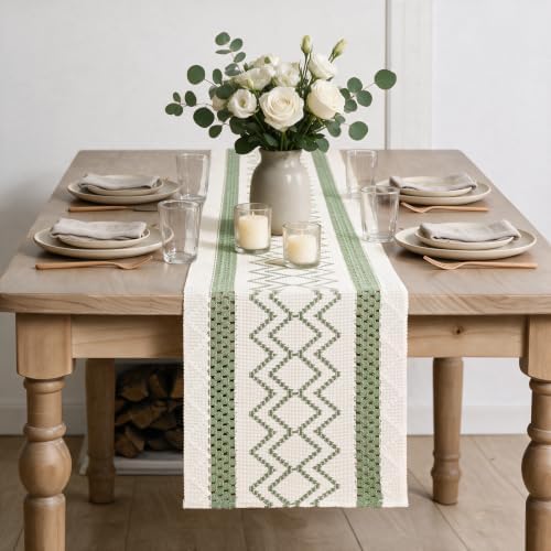 Artoid Mode Sage Green Stripe Diamond Woven Table Runner 12x90 Inch - Image 2