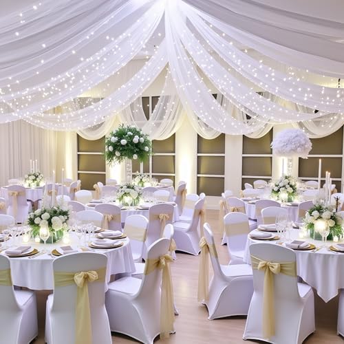 6 Panels White Ceiling Curtains with Lights for Weddings - 5ftx10ft Wrinkle-Free Tulle Fabric Wedding Arch Draping Ceiling Drapes Decorations for Wedding Party Ceremony Stage Tent Event - Image 5